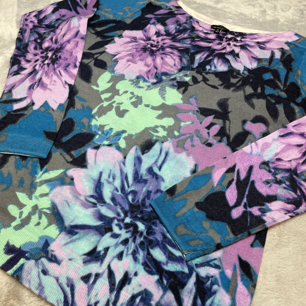 Talbots Womens Pure Merino Wool Sweater Sz M Purple Gray Blue Floral Long Sleeve